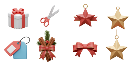 Collection of christmas ornaments and gift wrapping accessories including a gift box scissors ribbon and gift tags