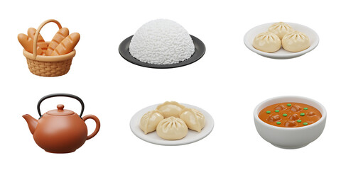 A collection of delicious food items including bread rice dumplings and a teapot against a black background