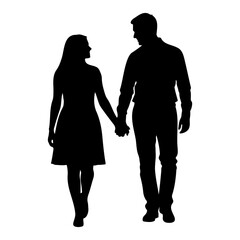 Silhouette of a couple walking hand in hand against a white background