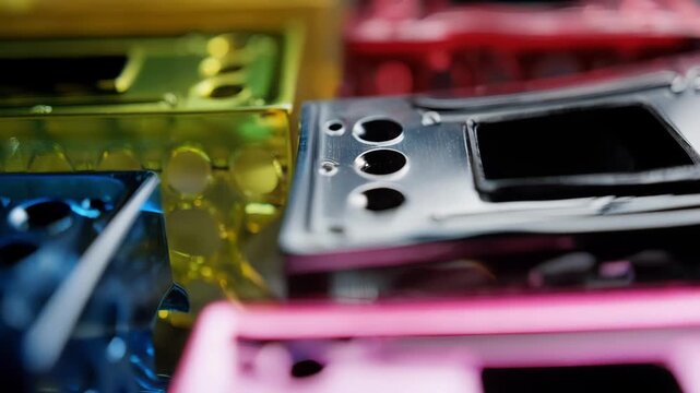 Medium shot of glossy powder coating applied to consumer electronics emphasizing shiny mirrorlike surfaces with bold eyecatching colors and fine detailing.