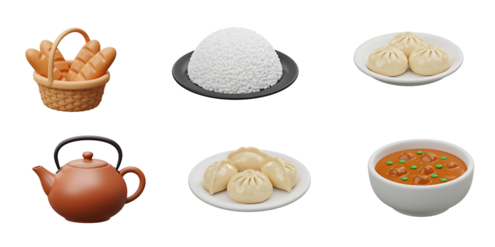 A collection of delicious food items including bread rice dumplings and a teapot against a black background