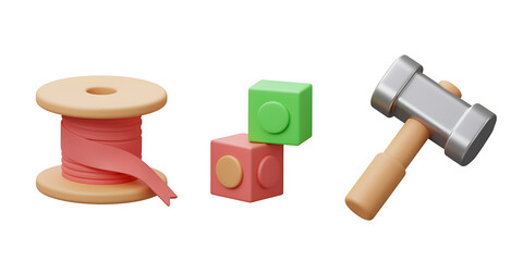 A collection of three distinct objects including a spool of thread two stacked blocks and a hammer isolated on a black background