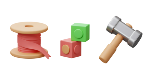 A collection of three distinct objects including a spool of thread two stacked blocks and a hammer isolated on a black background