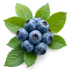 Juicy blueberry cluster with vibrant green leaves, rich natural texture.