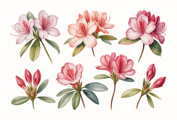 Soft watercolor azalea blooms botanical style. Vintage pastel azalea flowers in natural watercolor.