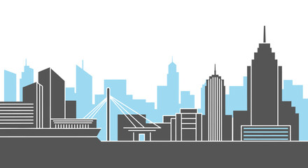 Naklejka premium Modern city skyline silhouette with skyscrapers and a bridge.