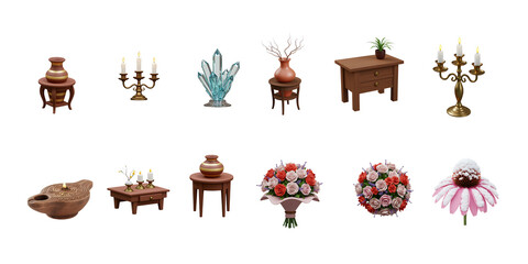 Collection of antique and decorative objects including vases candelabra and floral arrangements on a dark background