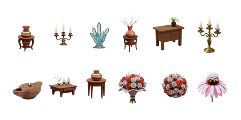 Collection of antique and decorative objects including vases candelabra and floral arrangements on a dark background