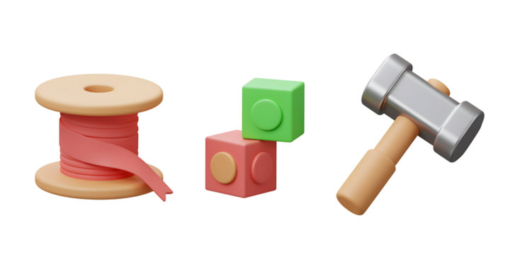A collection of three distinct objects including a spool of thread two stacked blocks and a hammer isolated on a black background