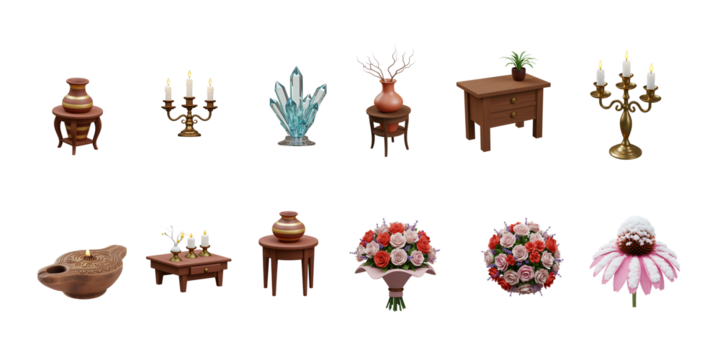 Collection of antique and decorative objects including vases candelabra and floral arrangements on a dark background