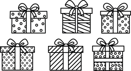 Christmas gift box set with ribbon and bow, festive holiday present outline vector illustration in modern linear style