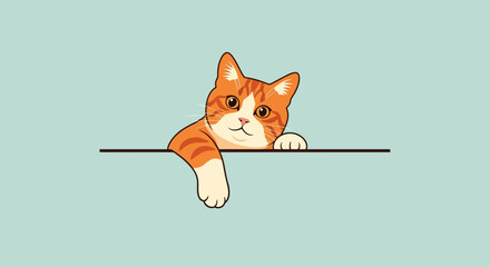 Cute orange cat peeking over a horizontal line on a blue background. © Muhammad