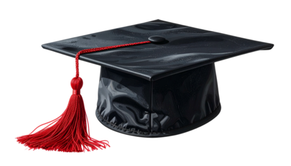 Shiny black square academic cap with red tassel. Isolated on black background