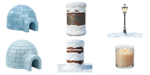 Collection of winter themed objects including two igloos two snow covered posts and a vintage street lamp in the snow