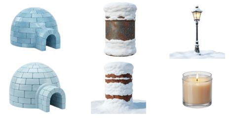 Collection of winter themed objects including two igloos two snow covered posts and a vintage street lamp in the snow
