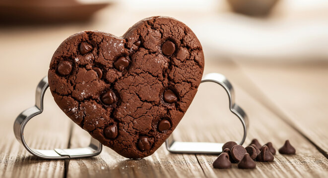Delicious heart-shaped chocolate cookie with chocolate chips placed next to metal cookie cutters on a rustic wooden table.