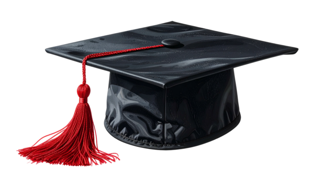 Shiny black square academic cap with red tassel. Isolated on black background