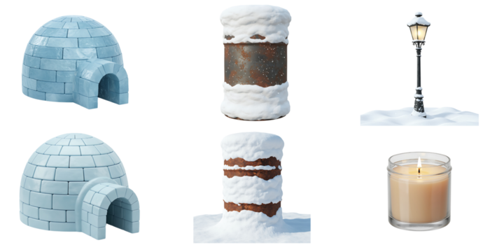 Collection of winter themed objects including two igloos two snow covered posts and a vintage street lamp in the snow - Powered by Adobe