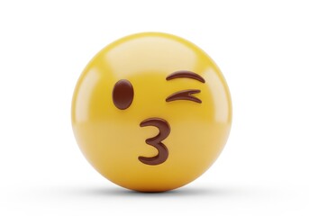 Fototapeta premium Three dimensional rendered yellow face icon expressing a playful kiss gesture against a plain white background