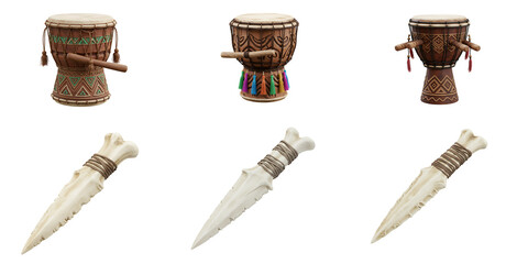 Collection of three traditional african djembe drums and three ceremonial bone daggers arranged on a black background