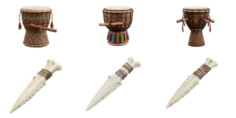 Collection of three traditional african djembe drums and three ceremonial bone daggers arranged on a black background
