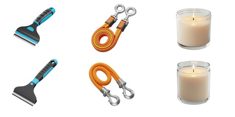 Collection of grooming tools and scented candles arranged in a grid against a stark black...