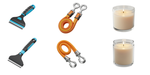 Collection of grooming tools and scented candles arranged in a grid against a stark black background for a clean presentation