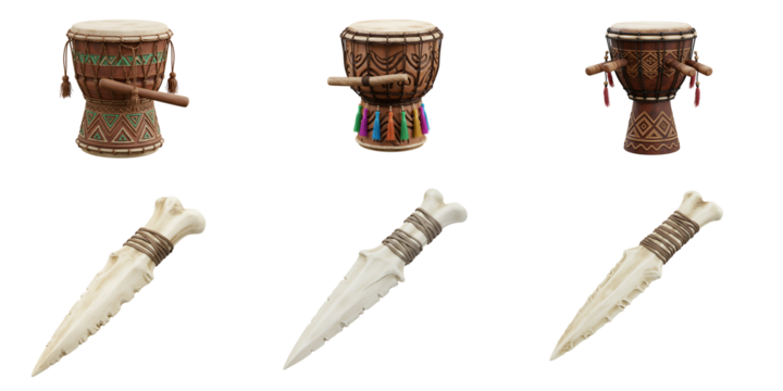 Collection of three traditional african djembe drums and three ceremonial bone daggers arranged on a black background