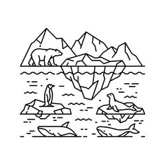 Polar Animals and Icy Landscape Line Art