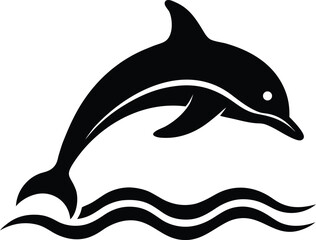 Black Jumping Dolphin Silhouette with Waves

