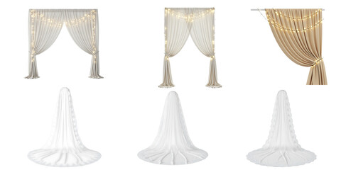 Collection of elegant draped fabric elements including ornate white and gold curtains and decorative white fabric cones for event decoration