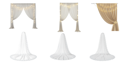 Collection of elegant draped fabric elements including ornate white and gold curtains and decorative white fabric cones for event decoration