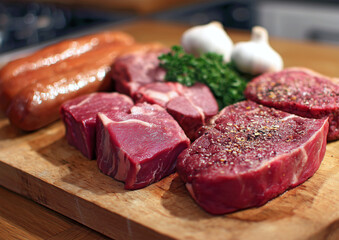 Raw beef steaks with rosemary, garlic, lemon, and pepper on a dark slate board. Fresh red meat assortment arranged for cooking or recipe preparation.