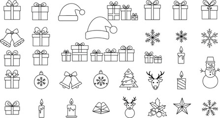 Christmas outline icon set featuring gifts, Santa hats, snowflakes, bells, candles, ornaments, reindeer, snowman, holly, and festive decorations, holiday vector