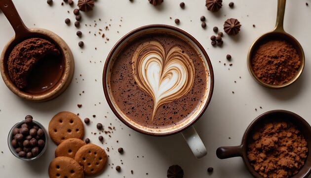 Heart-shaped hot chocolate with cookies and cocoa powder on a light background