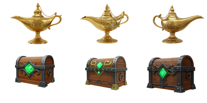 Collection of three ornate golden magic genie lamps and three antique wooden treasure chests with glowing green gems