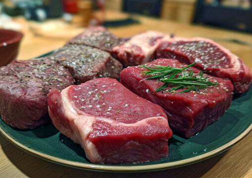 Raw beef steaks with rosemary, garlic, lemon, and pepper on a dark slate board. Fresh red meat assortment arranged for cooking or recipe preparation.