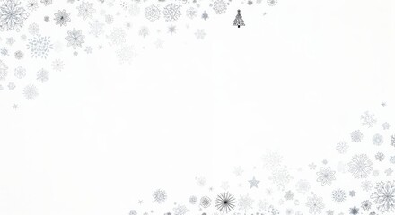 Fototapeta premium Elegant winter holiday background with delicate snowflakes and a small Christmas tree forming a diagonal border on a white backdrop