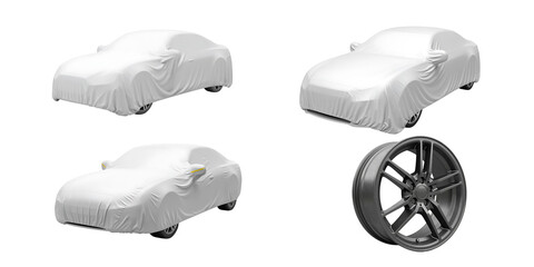 Three white covered cars and a single modern alloy wheel displayed against a stark black background