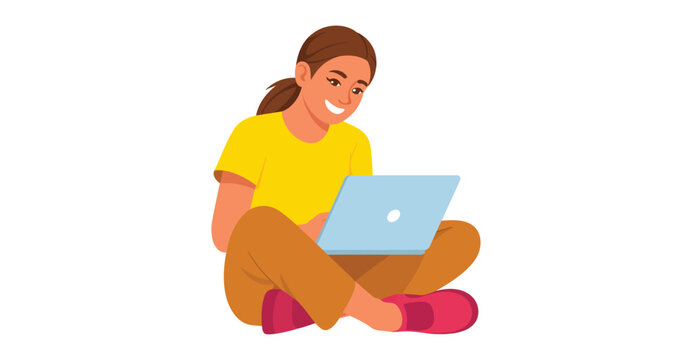  Smiling young girl sitting cross-legged while using a laptop, representing online learning, digital education, studying, technology use and modern lifestyle in a colorful cartoon illustration