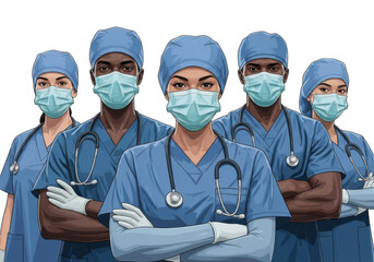 Diverse medical team wearing scrubs and masks isolated on transparent background