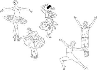 Line art vector illustration set of ballet ballerinas, male folk dancer and contemporary modern dancers isolated on white background