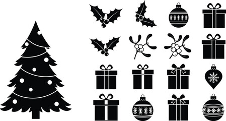 Christmas tree with holly, mistletoe, ornaments, and gift boxes, festive holiday decoration vector illustration in black silhouette style