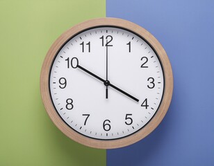 Modern circular wooden wall clock, precisely centered on a vibrant split background of green and blue, representing time management, daily schedules, and important deadlines