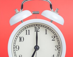 A crisp white analog alarm clock with hands past seven, set against a vibrant red background, representing morning routines, timely starts, and important daily deadlines