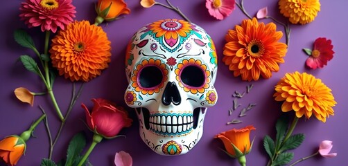 Flat lay photo features painted sugar skull mask surrounded by colorful flowers. Festive composition celebrates Dia de los Muertos holiday. Vibrant arrangement includes roses dahlias marigolds on