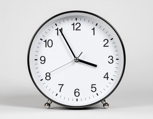 Minimalist circular table clock with a classic white face and black numerals, centered against a plain light gray background showing the time