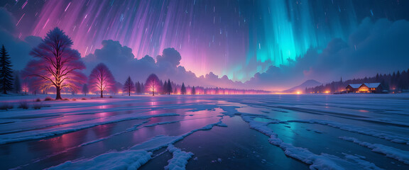 vast tundra plain covered in smooth reflective ice glowing with embedded crystal patterns, rows of glowing frost-covered trees lit with intense neon pink, violet, and turquoise spotlights
