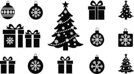 Christmas tree with ornaments, gifts, snowflakes, and festive decorations, holiday vector illustration in black silhouette style for design