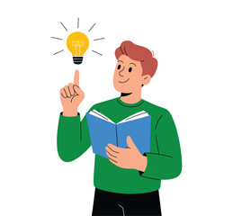   Smiling young man holding an open book and raising his finger with a glowing light bulb above, symbolizing learning, inspiration, creativity, new ideas and educational concept illustration